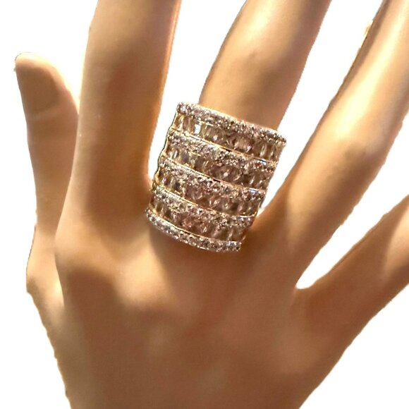 Palm Beach 6.26 TCW Baguette and Round Cut Faux Diamond Gold Plated sz 7 - Picture 1 of 4